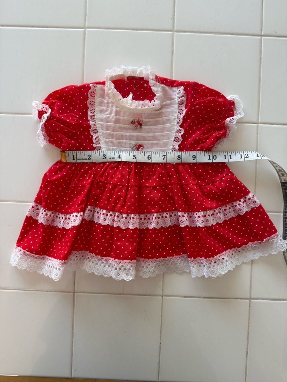 Vintage Baby Girl 9m Baby Doll Red & White Polka Dot Dress Lace Teired Ruffle - Picture 8 of 8